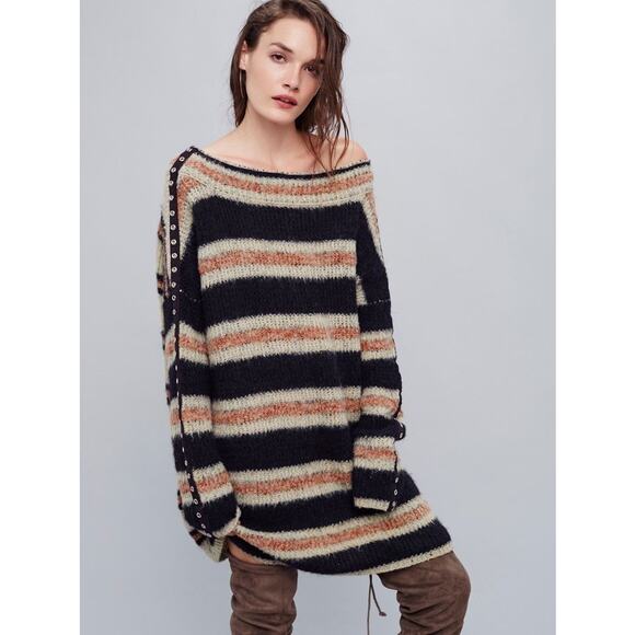 Free People Sid Striped Sweater Oversized Boatneck Eyelet Long Sleeve Tunic XS - Picture 10 of 10